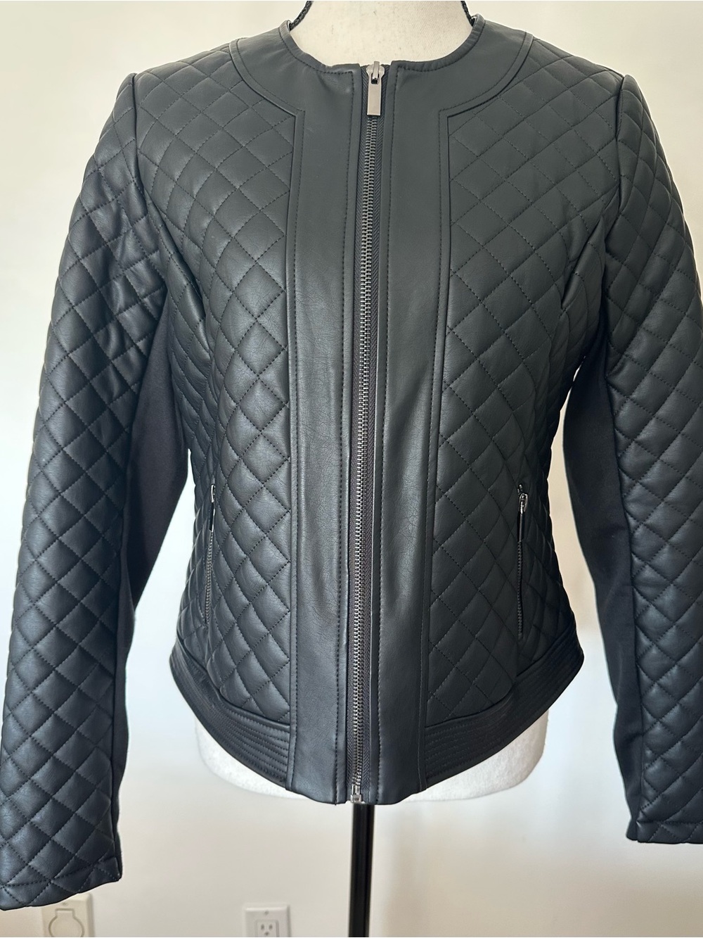 Rickis Black Quilted Faux Leather Edgy Moto Jacket Collarless Fitted S Goth Chic